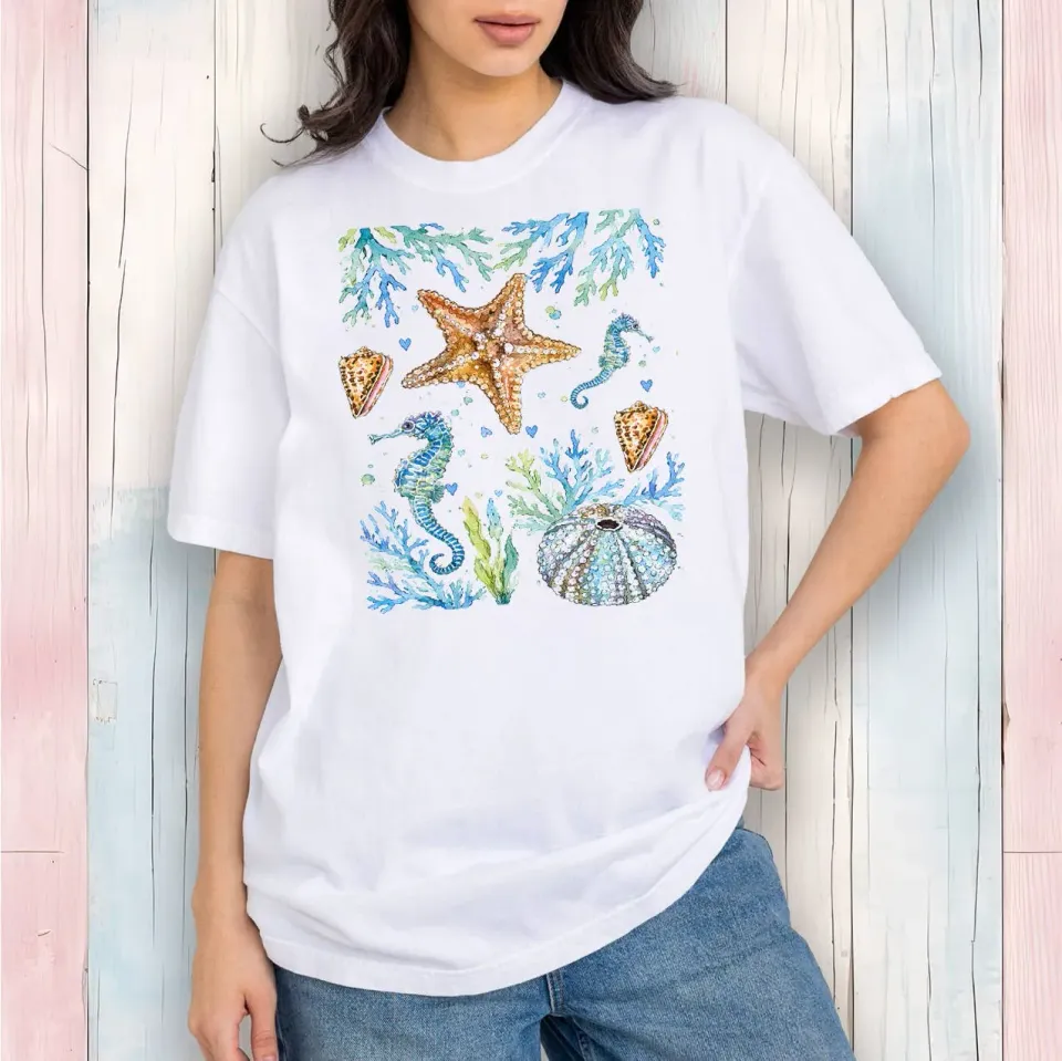 Avery Lane Gifts Coastal Blue Starfish Sea Horse t-shirt hvid bomuld