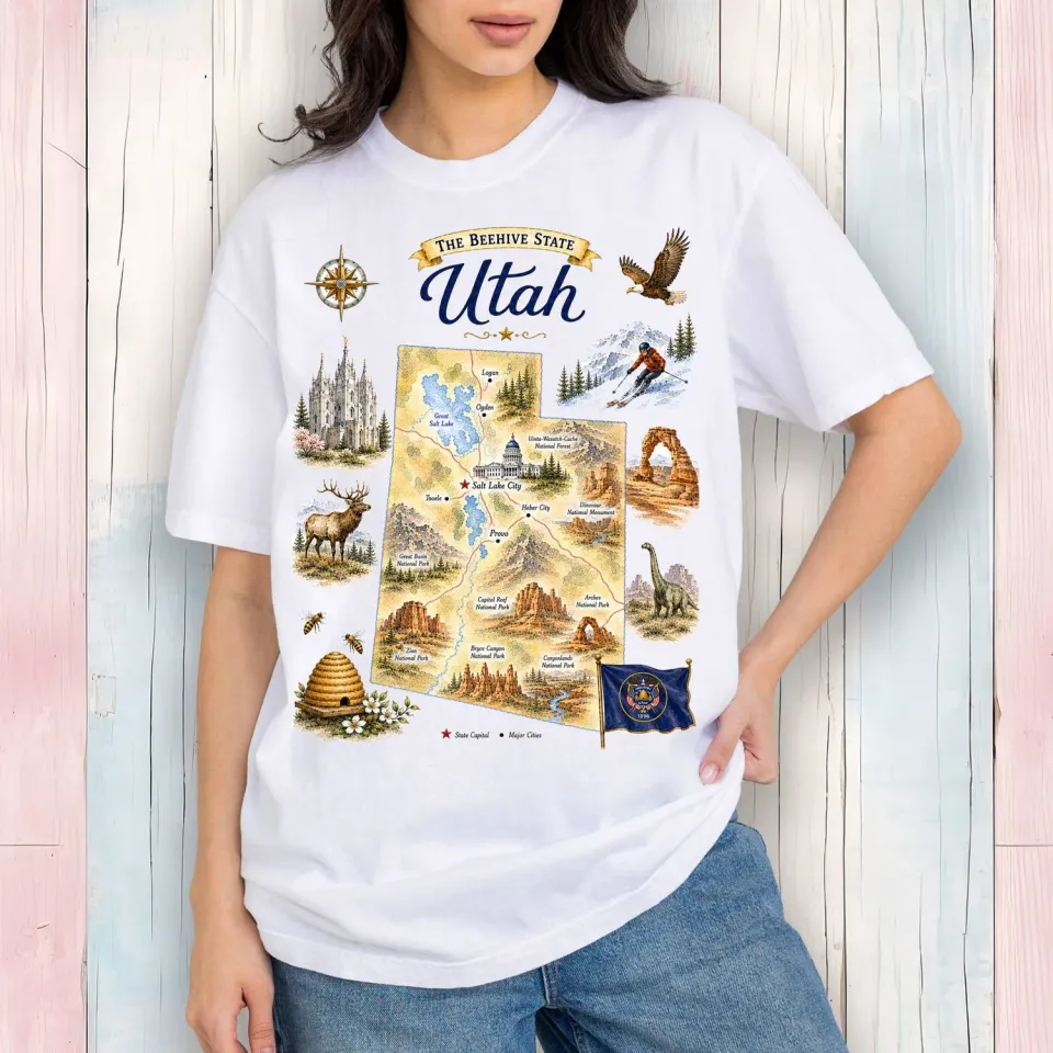 Avery Lane Gifts Utah State Map Landmark t-shirt hvid