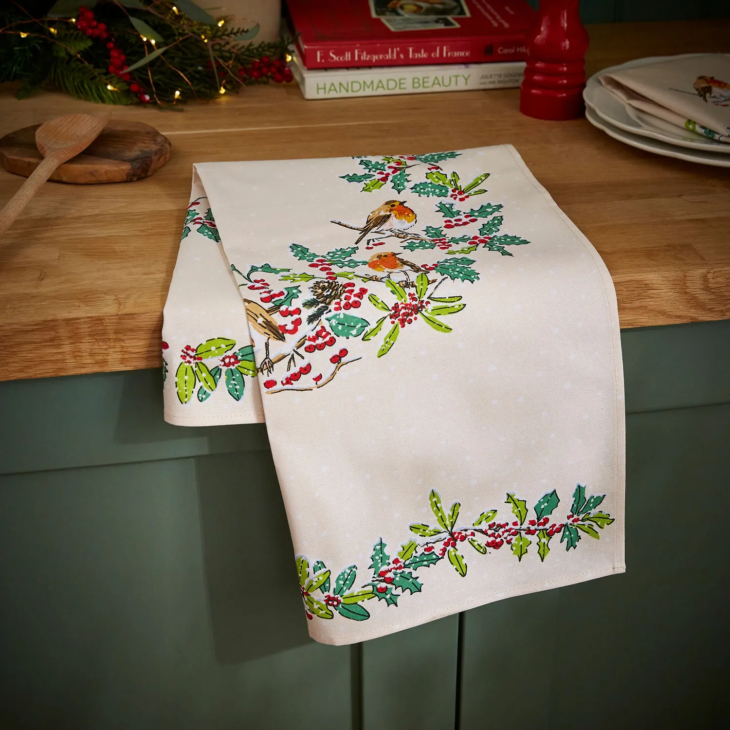 Ulster Weavers Christmas Robins viskestykke grøn