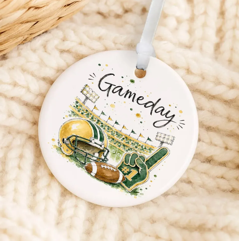 Avery Lane Gameday Football Gold Green juleornament porcelæn