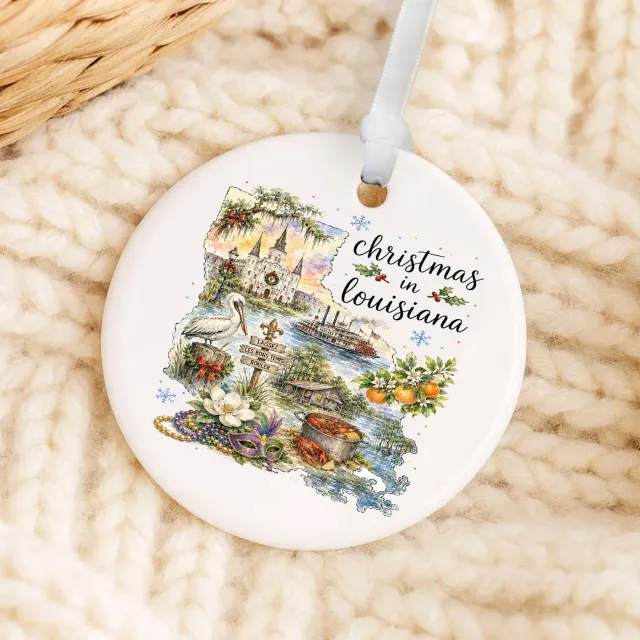 Avery Lane Gifts Christmas in Louisiana State Map julepynt porcelæn