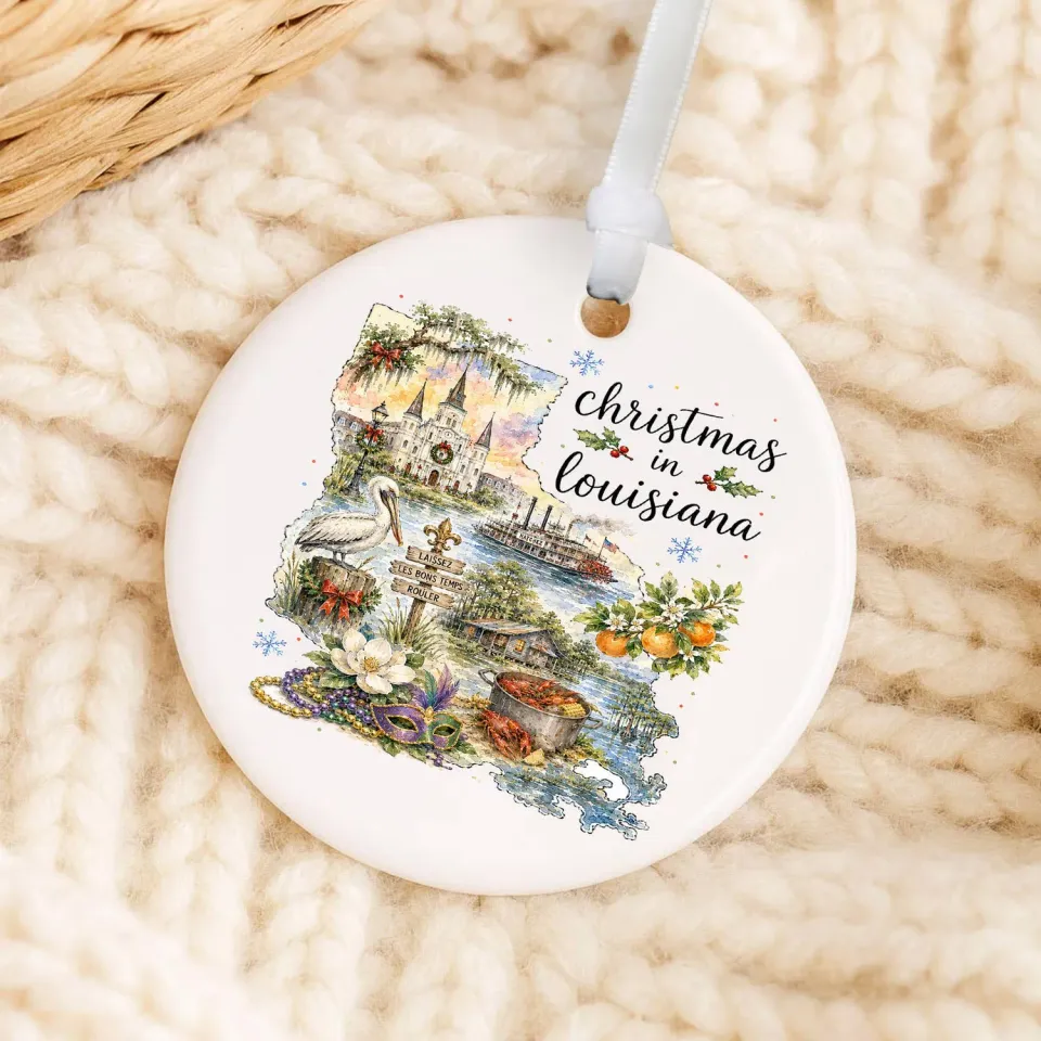 Avery Lane Gifts Christmas in Louisiana State Map julepynt porcelæn