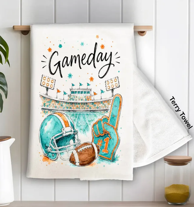 Avery Lane Gifts Gameday Football viskestykke aqua/orange frotté