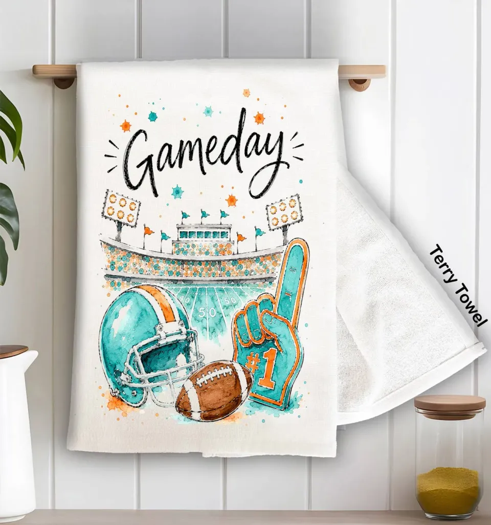 Avery Lane Gifts Gameday Football viskestykke aqua/orange frotté