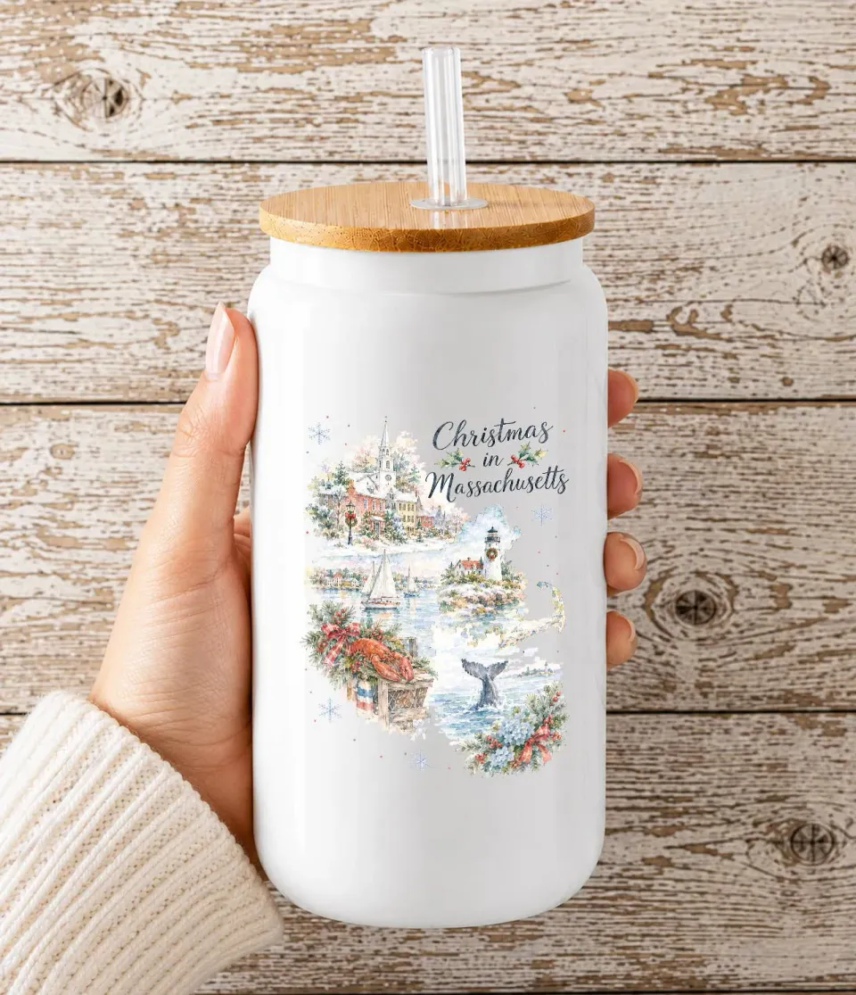 Avery Lane Gifts Christmas in Massachusetts State Map glas 16 oz