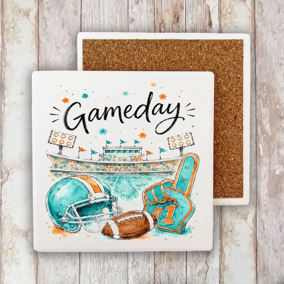 Avery Lane Gifts Gameday Football bordskåner aqua orange 10cm