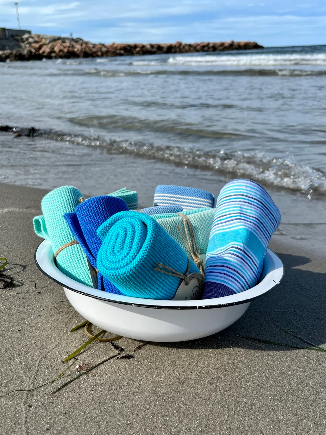 Solwang viskestykke multi aqua/blå vævet bomuld