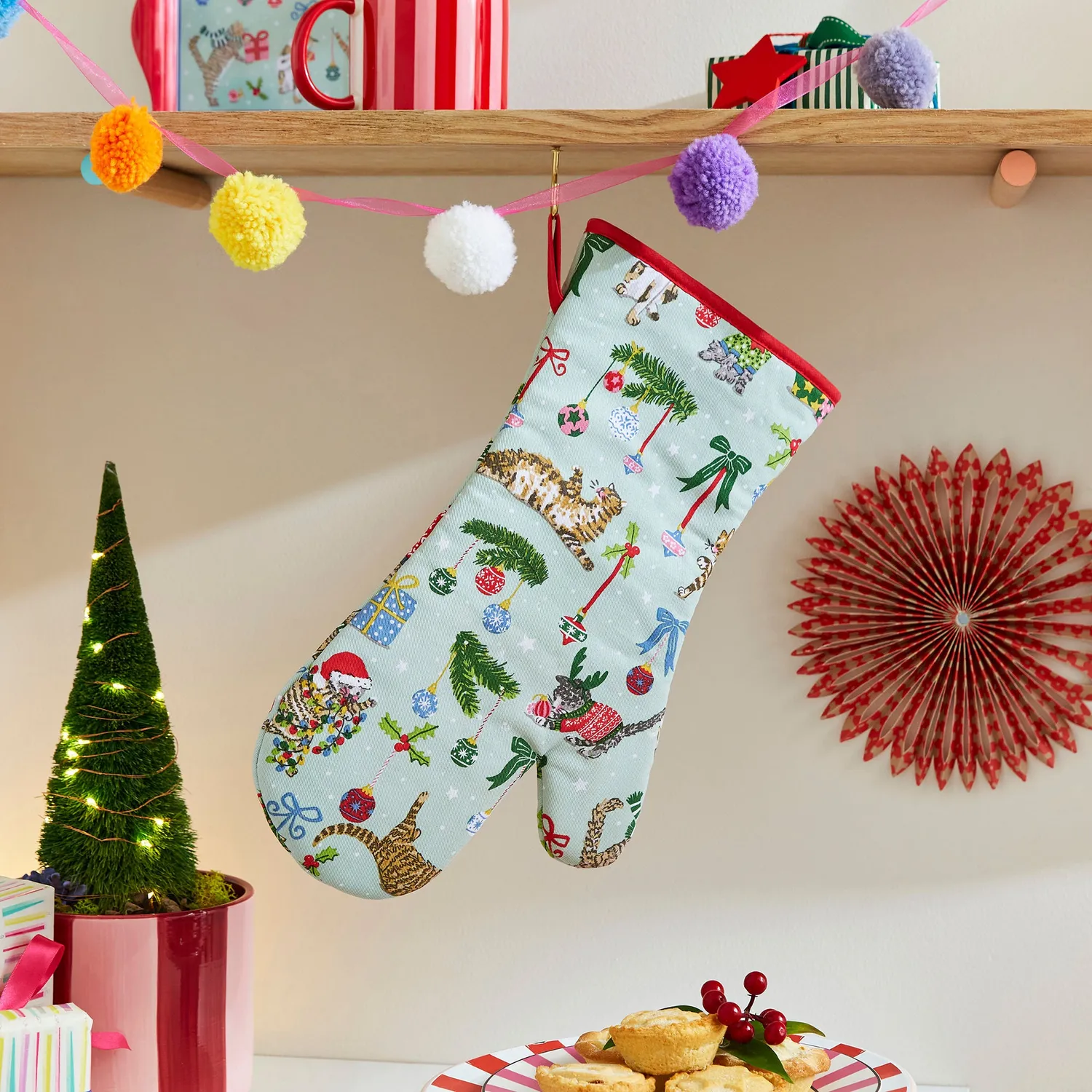 Ulster Weavers Christmas Cats ovnhandske seafoam bomuld