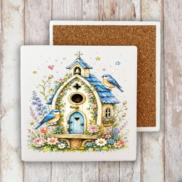 Avery Lane Gifts Watercolor Birdhouse Blue Flowers bordskåner sten 10x10 cm