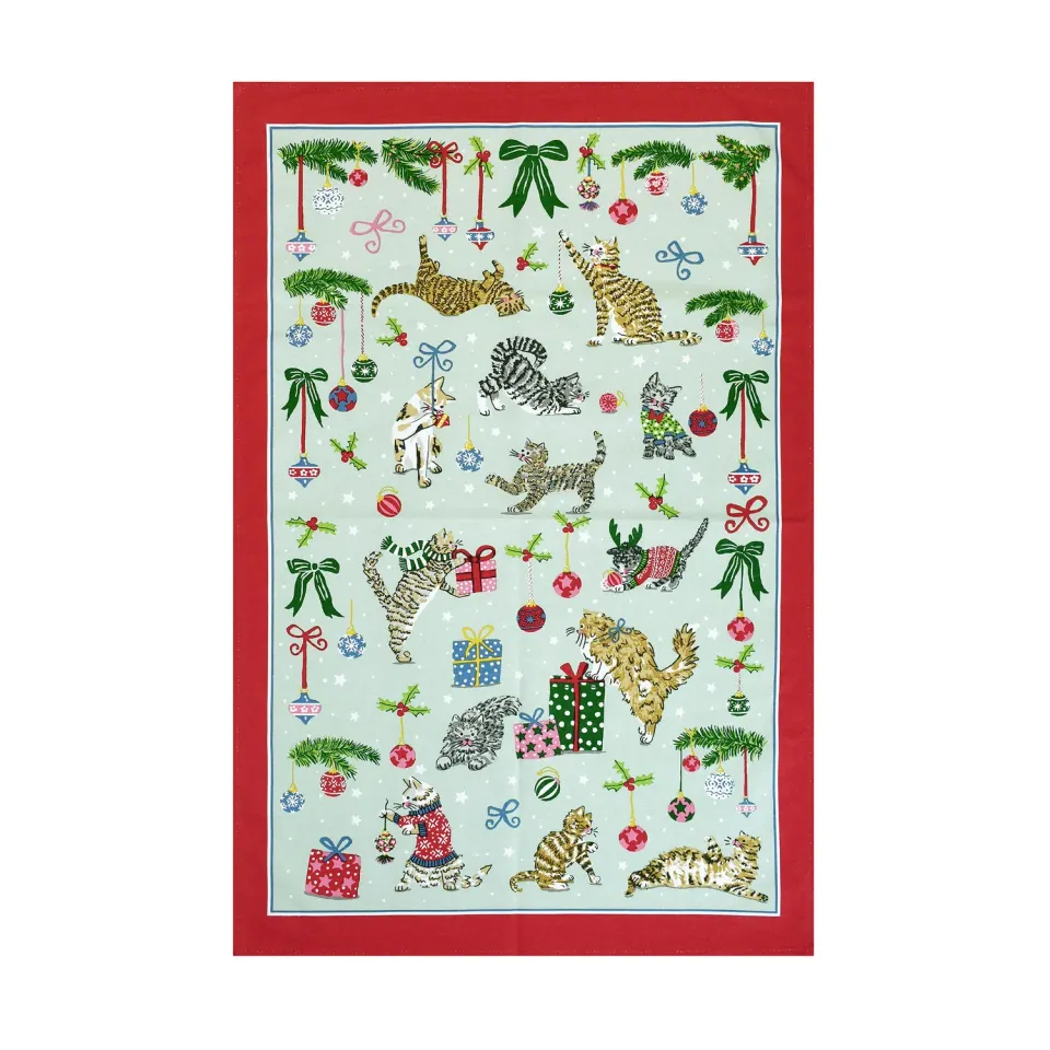 Ulster Weavers Christmas Cats viskestykke seafoam bomuld