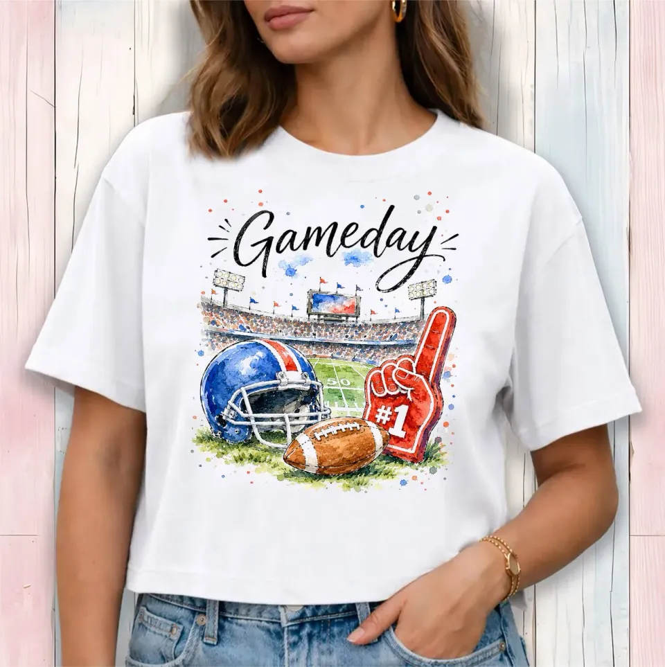 Avery Lane Gifts Gameday Football Royal Blue & Red cropped T-shirt hvid