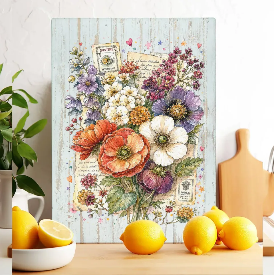 Avery Lane Gifts Vintage Flowers skærebræt glas 28x38