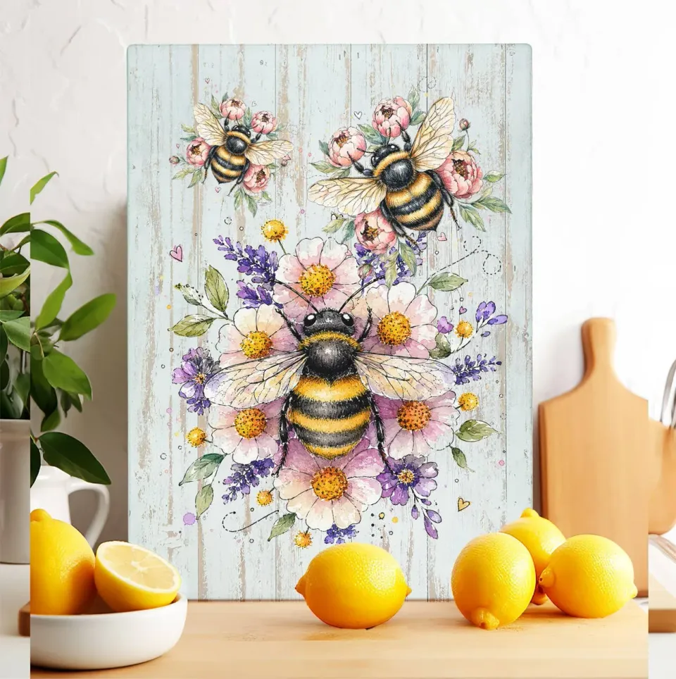 Avery Lane Gifts Whimsical Bees Flowers skærebræt glas 28x38 cm