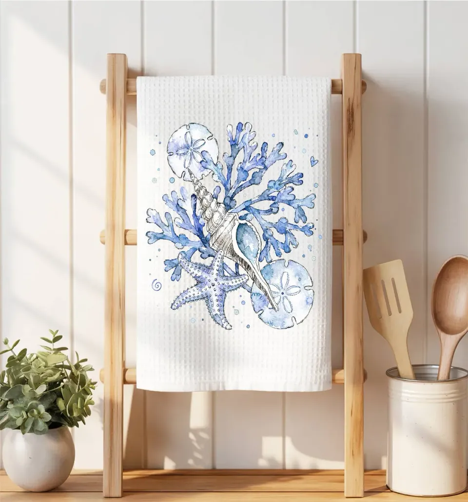 Avery Lane Coastal Blue Sand Dollar viskestykke vaffel 41x36 cm