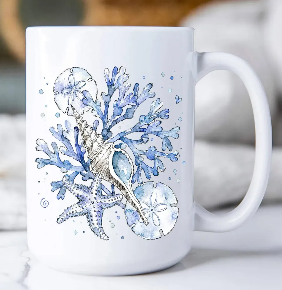 Avery Lane Gifts Coastal Blue Sand Dollar kaffekrus 15 oz