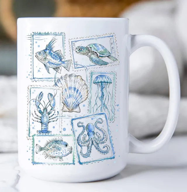 Avery Lane Gifts Coastal Blue Stamps krus 443 ml keramik