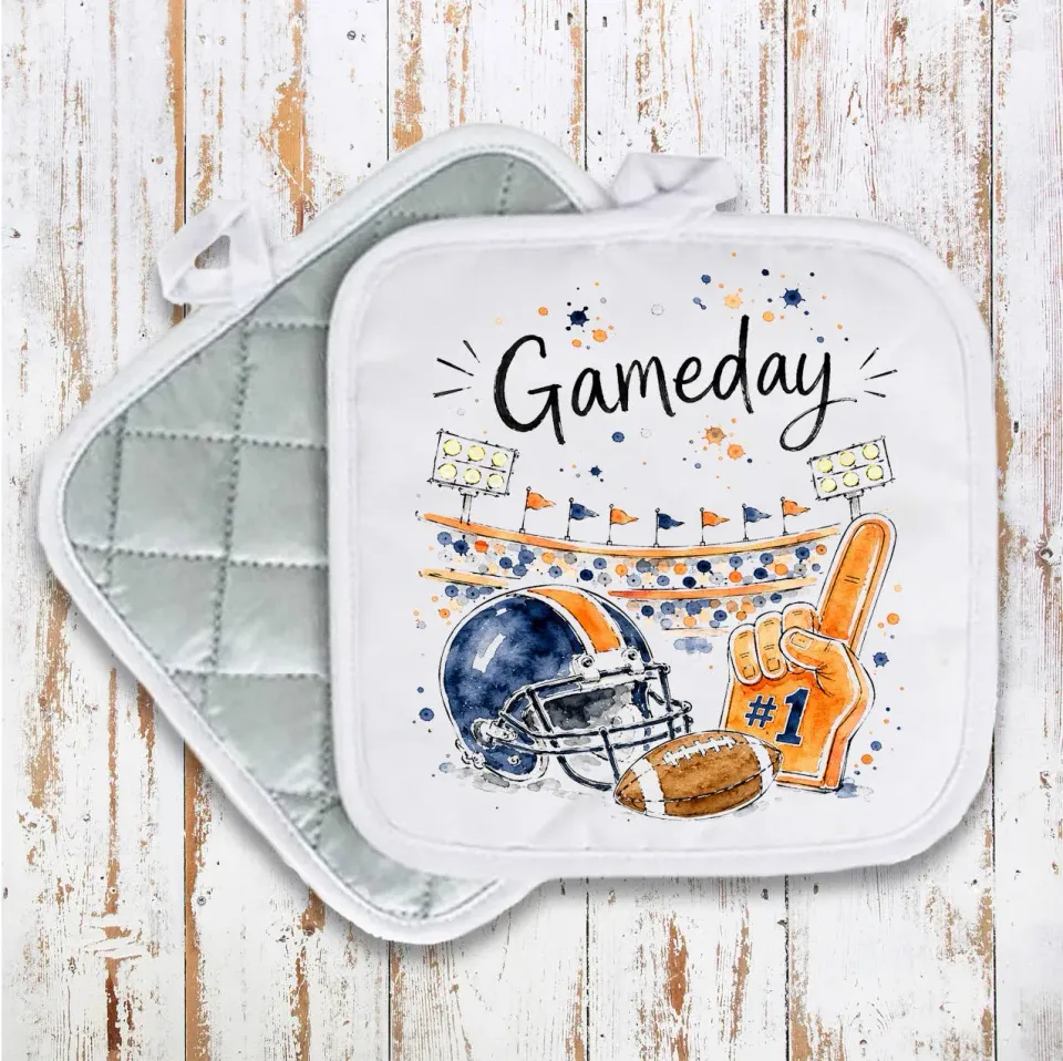 Gameday Football Navy Blue Orange grydelap 20x20 cm bomuld quiltet
