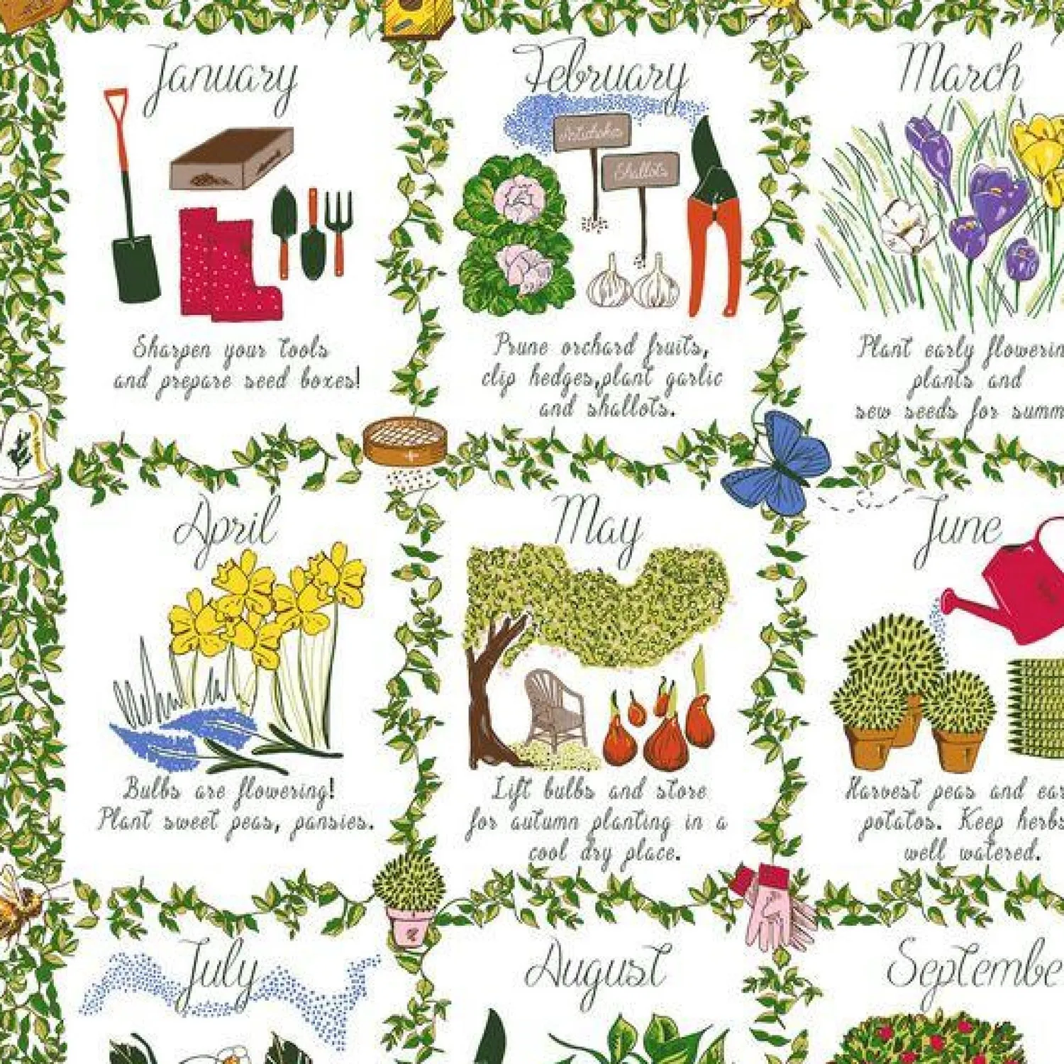 Ulster Weavers Gardeners Calendar viskestykke grøn bomuld