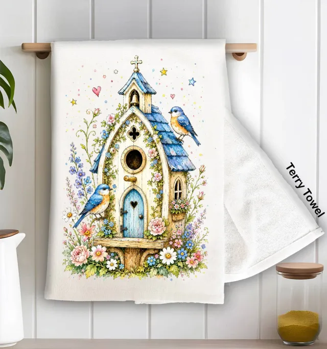 Avery Lane Gifts Watercolor Birdhouse Blue Flowers håndklæde 71x46 cm