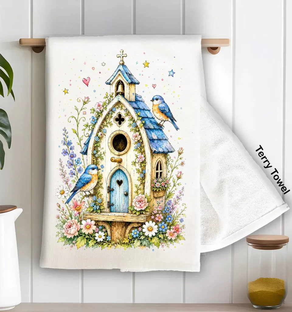Avery Lane Gifts Watercolor Birdhouse Blue Flowers håndklæde 71x46 cm