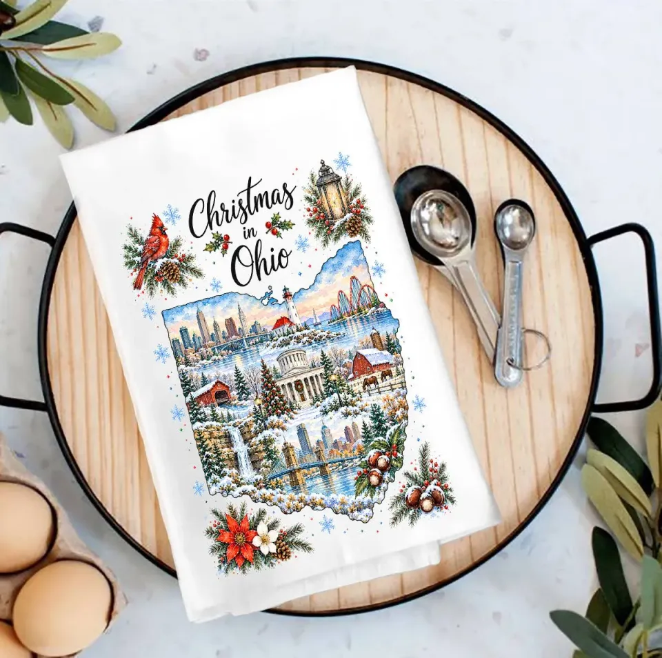 Avery Lane Gifts Christmas in Ohio State Map viskestykke bomuld