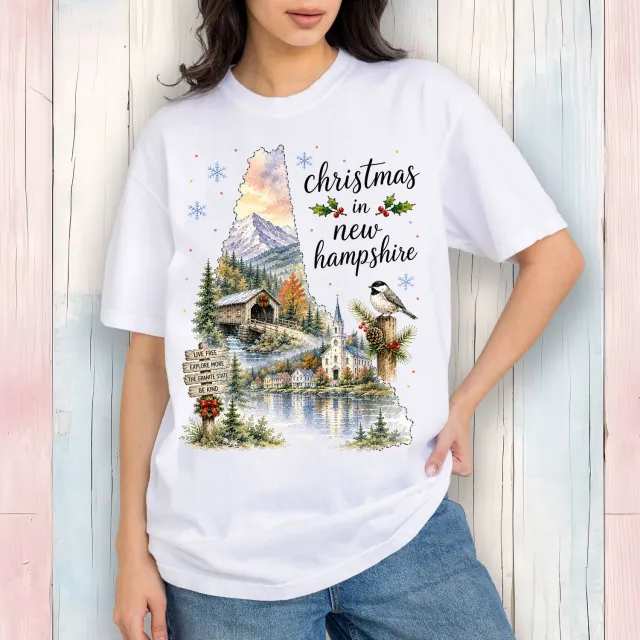Avery Lane Gifts Christmas New Hampshire State Map t-shirt hvid