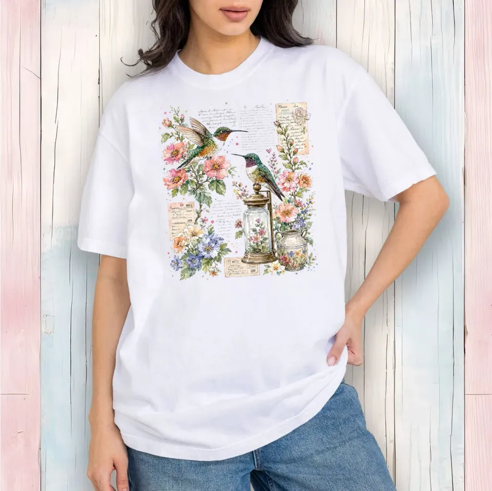 Avery Lane Gifts Vintage Flowers Hummingbirds t-shirt hvid