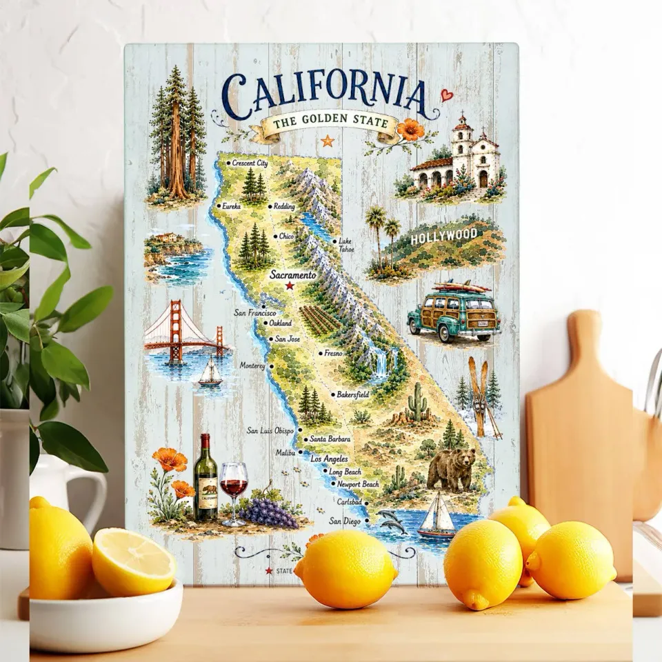 Avery Lane California State Map Landmark skærebræt glas 28x38 cm