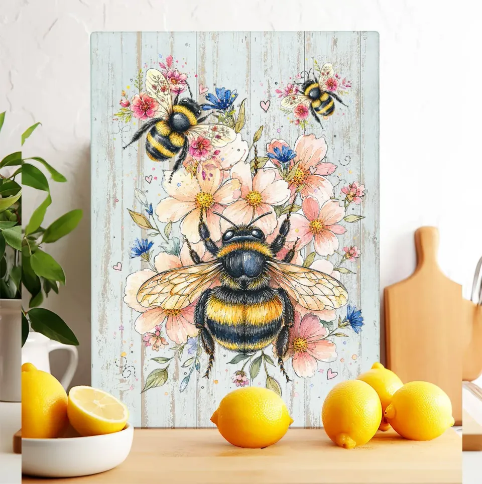 Avery Lane Gifts Watercolor Bees Flowers skærebræt glas 28x38 cm