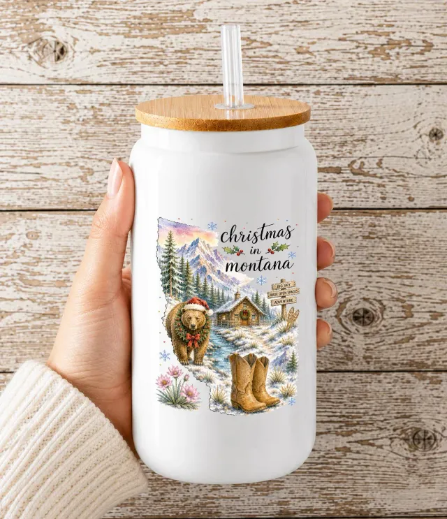 Avery Lane Gifts Christmas in Montana drikkeglas 16 oz hvid med låg