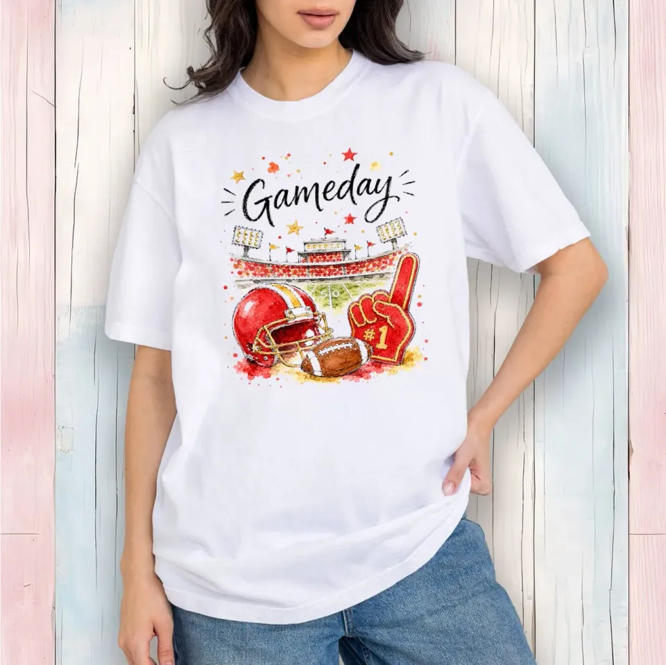 Avery Lane Gifts Gameday Football Gold Red T-shirt hvid
