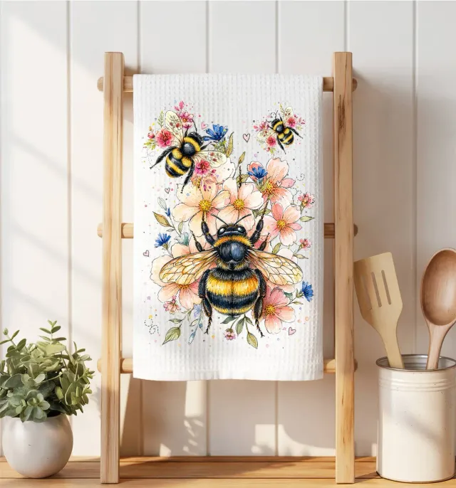 Avery Lane Watercolor Bees Flowers viskestykke mikrofiber