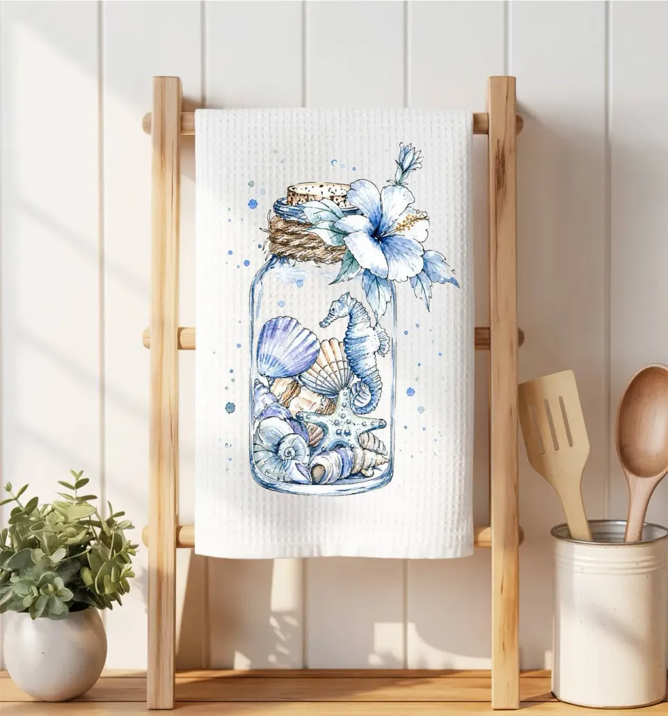 Avery Lane Gifts Coastal Blue Sea Shells in a Jar viskestykke vaffel
