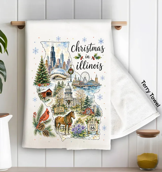 Avery Lane Gifts State Map Christmas Illinois viskestykke terry 100% bomuld