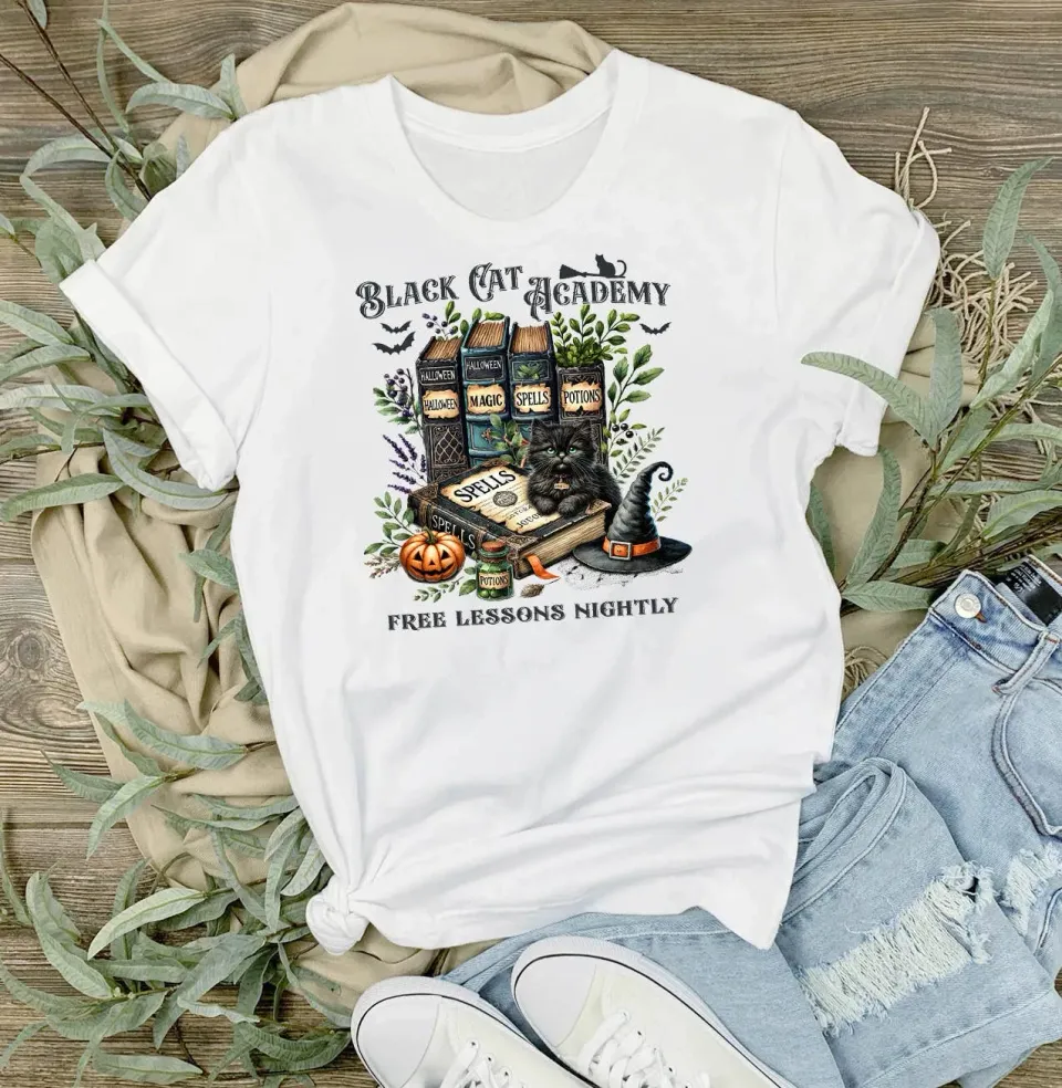 Avery Lane Gifts Black Cat Academy T-shirt hvid bomuld