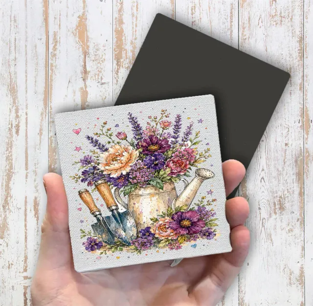 Avery Lane Gifts Watercolor Flower Watering Can Garden køleskabsmagnet 10x10 cm