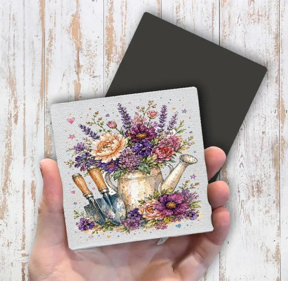 Avery Lane Gifts Watercolor Flower Watering Can Garden køleskabsmagnet 10x10 cm