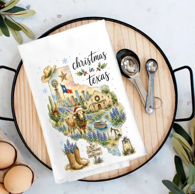 Avery Lane Gifts Christmas in Texas Map viskestykke 69x69 bomuld
