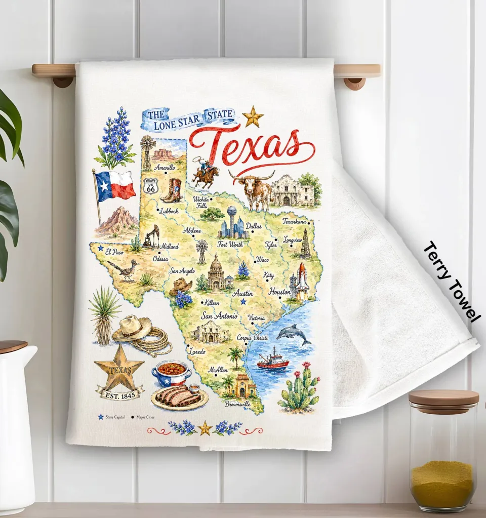 Avery Lane Texas State Map køkkenhåndklæde bomuld