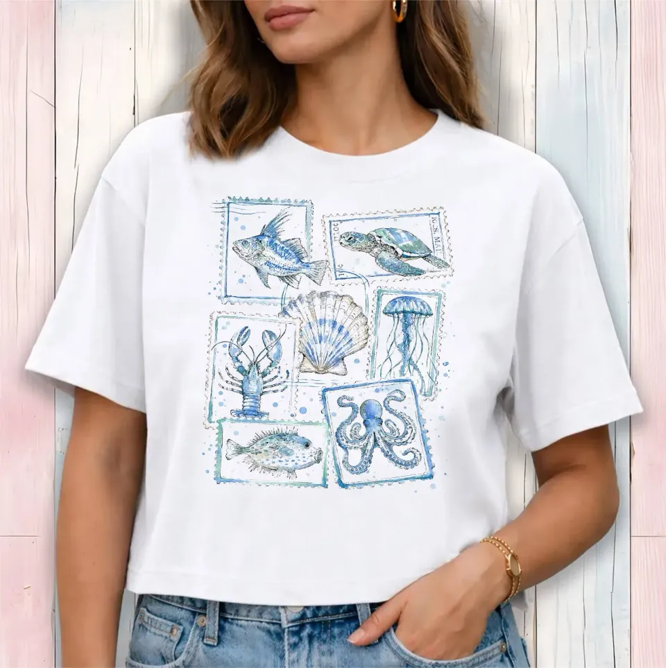 Avery Lane Gifts Coastal Blue Ocean Stamps cropped t-shirt hvid bomuld