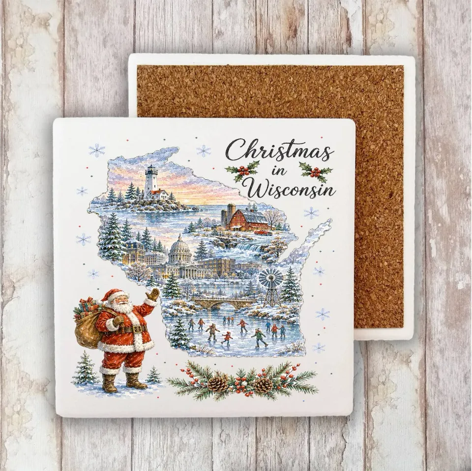 Avery Lane Gifts Wisconsin jule coaster sten 10x10 cm kork