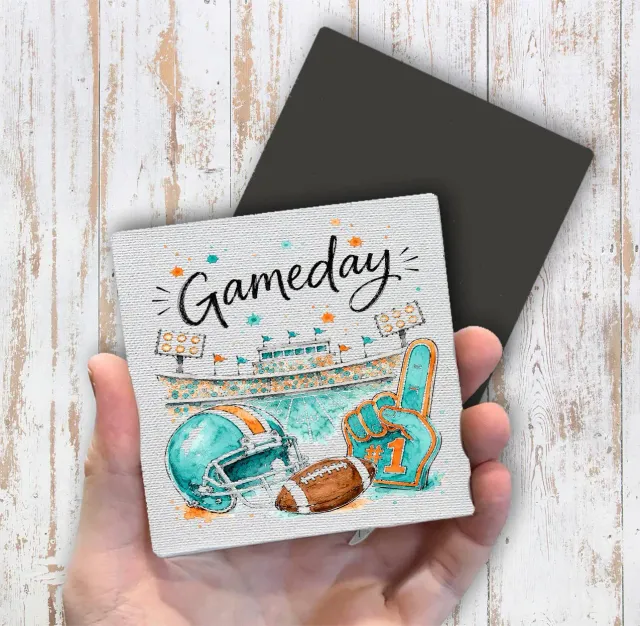 Gameday Football Aqua Orange køleskabsmagnet 10x10 cm lærred