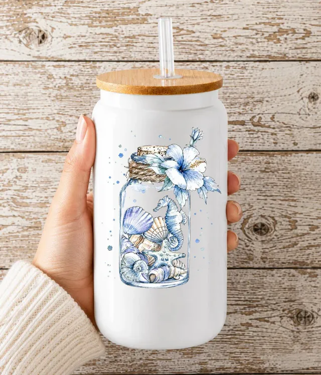 Avery Lane Gifts Coastal Blue Sea Shells drikkeglas med låg