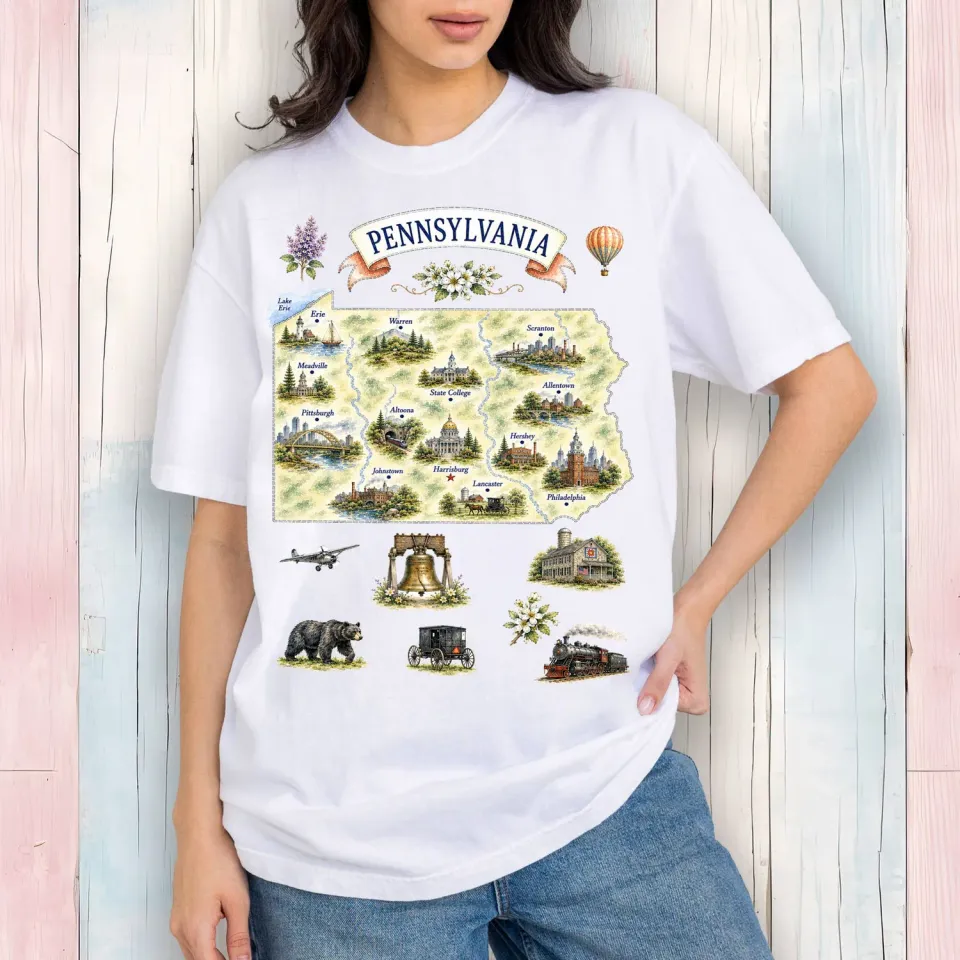 Avery Lane Gifts Pennsylvania State Map t-shirt hvid bomuld souvenir