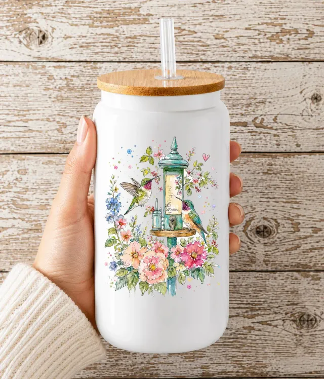 Avery Lane Gifts Spring Flowers Hummingbirds glas 473 ml bambuslåg