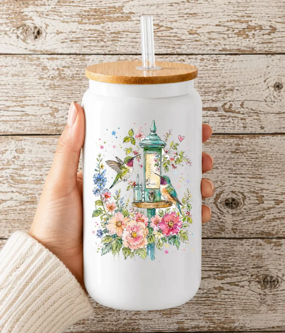 Avery Lane Gifts Spring Flowers Hummingbirds glas 473 ml bambuslåg