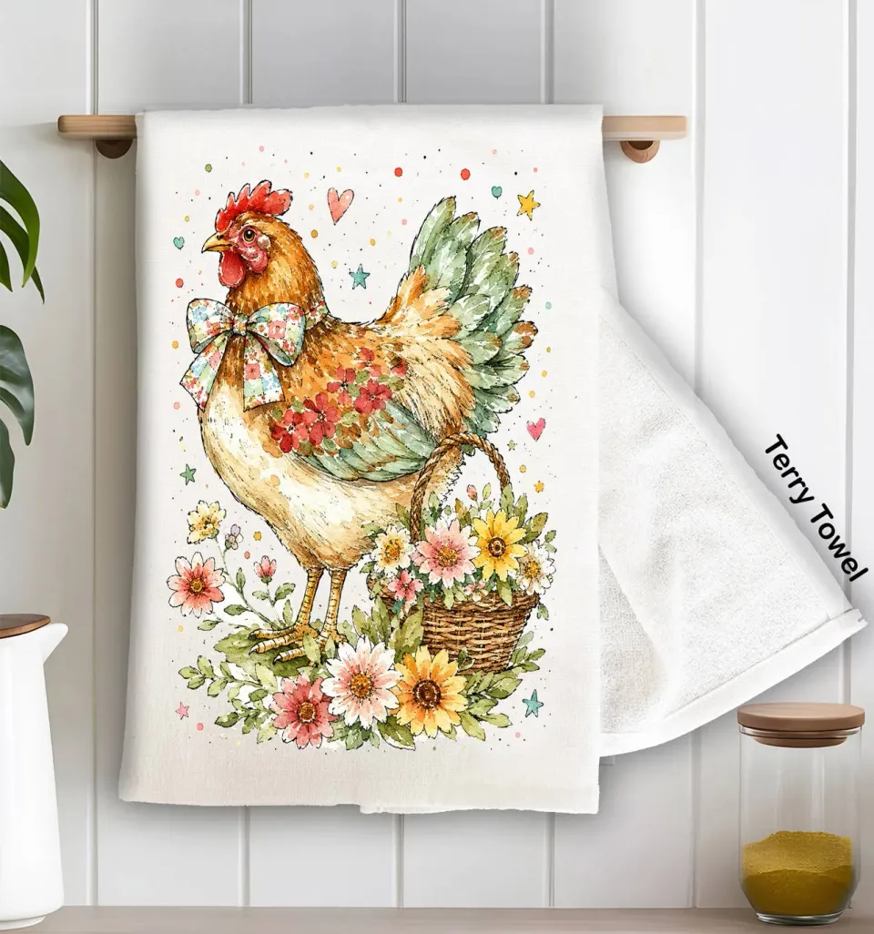 Avery Lane Gifts Watercolor Country Hen viskestykke bomuld