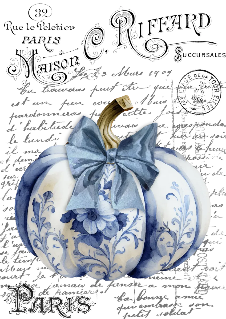 Avery Lane Gifts Chinoiserie Pumpkins viskestykke blå-hvid efterår