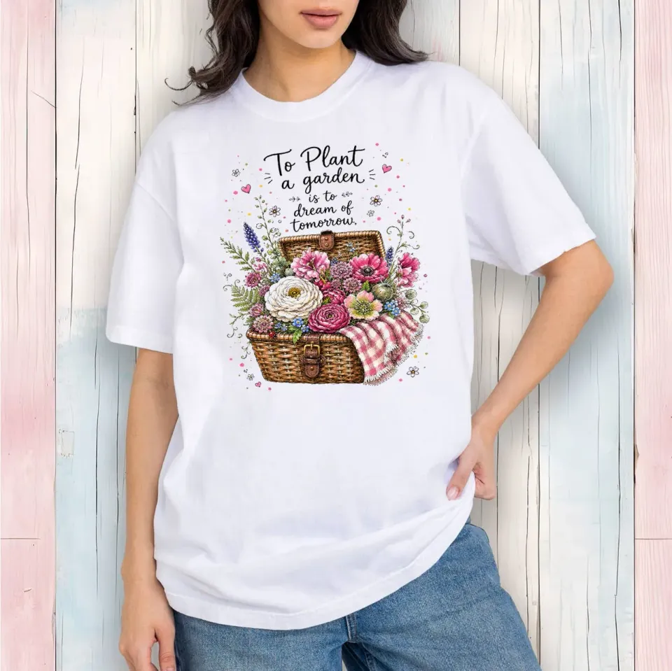 Avery Lane Gifts Plant Garden t-shirt hvid blomsterkurv 100% bomuld