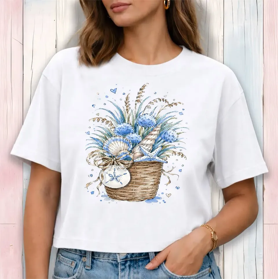 Avery Lane Gifts Coastal Blue Baskets Cropped T-shirt hvid bomuld